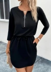 Kadın Uzun Kollu önden Fermuarlı Beli Bağcıklı Kısa Viskon Iki Iplik Elbise