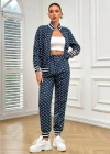 Kadın Uzun Kollu önden Fermuarlı Desenli Iki Iplik Bluz Ve Pantolon Ikili Takım
