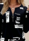 Kadın Uzun Kollu önden Fermuarlı Geometrik Desenli Süprem Bluz
