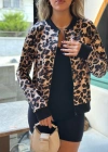 Kadın Uzun Kollu önden Fermuarlı Leopar Baskılı şardonlu Dalgıç Ceket