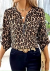 Kadın Uzun Kollu önden Fermuarlı Leopar Desenli Modal Bluz
