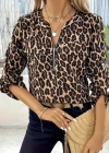 Kadın Uzun Kollu önden Fermuarlı Leopar Desenli Modal Bluz