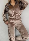 Kadın Uzun Kollu önden Fermuarlı Leopar Detaylı Kadife Bal Köpüğü Bluz Ve Pantolon Ikili Takım