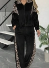 Kadın Uzun Kollu önden Fermuarlı Leopar Detaylı Kadife Bluz Ve Pantolon Ikili Takım