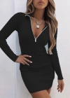 Kadın Uzun Kollu önden Fermuarlı Mini Kaşkorse Elbise