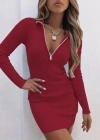 Kadın Uzun Kollu önden Fermuarlı Mini Kaşkorse Elbise