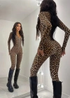 Kadın Uzun Kollu önden Fermuarlı Parmaktan Geçmeli Leopar Desenli Dalgıç Tulum