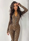 Kadın Uzun Kollu önden Fermuarlı Parmaktan Geçmeli Leopar Desenli Dalgıç Tulum
