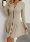 Kadın Uzun Kollu önden Fermuarlı Pileli şardonlu Kaşkorse Mini Elbise
