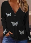 Kadın Uzun Kollu önden Fermuarlı Taşlı Kelebek Desenli Viskon Bluz