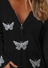 Kadın Uzun Kollu önden Fermuarlı Taşlı Kelebek Desenli Viskon Bluz