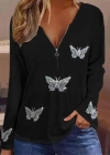Kadın Uzun Kollu önden Fermuarlı Taşlı Kelebek Desenli Viskon Bluz