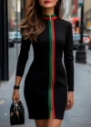 Kadın Uzun Kollu önden Tam Boy Fermuarlı Renkli şerit Detaylı Viskon Iki Iplik Mini Elbise