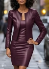 Kadın Uzun Kollu önü Açık Deri Ceket Ve Askılı Yuvarlak Yakalı Mini Elbise Ikili Takım