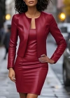 Kadın Uzun Kollu önü Açık Deri Ceket Ve Askılı Yuvarlak Yakalı Mini Elbise Ikili Takım