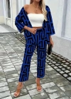 Kadın Uzun Kollu önü Açık Desenli Iki Iplik Ceket Ve Pantolon Ikili Takım