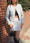 Kadın Uzun Kollu önü Açık Düğme Detaylı Dokuma Ceket Etek Ikili Takım