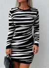 Kadın Uzun Kollu Siyah Beyaz Zebra Desen Triko Elbise
