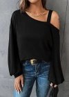 Kadın Uzun Kollu Tek Omuz Askı Detay Salaş Viskon Iki Iplik Bluz