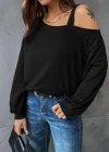 Kadın Uzun Kollu Tek Omuz Askı Detay Salaş Viskon Iki Iplik Bluz