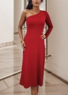 Kadın Uzun Kollu Tek Omuz Detay Krep Elbise