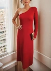 Kadın Uzun Kollu Tek Omuz Detay Krep Elbise