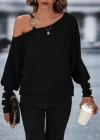 Kadın Uzun Kollu Tek Omuzdan Açık Askı Detaylı Waffle Bluz