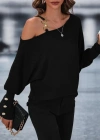 Kadın Uzun Kollu Tek Omuzdan Açık Askı Detaylı Waffle Bluz
