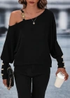 Kadın Uzun Kollu Tek Omuzdan Açık Askı Detaylı Waffle Bluz