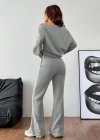 Kadın Uzun Kollu Tek Omuzdan Açık Iki Iplik Bluz Ve Pantolon Ikili Takım