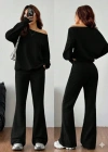 Kadın Uzun Kollu Tek Omuzdan Açık Iki Iplik Bluz Ve Pantolon Ikili Takım