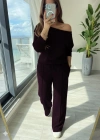 Kadın Uzun Kollu Tek Omuzdan Açık Modal Bluz Ve Pantolon Ikili Mürdüm Takım