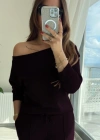 Kadın Uzun Kollu Tek Omuzdan Açık Modal Bluz Ve Pantolon Ikili Mürdüm Takım