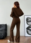 Kadın Uzun Kollu Tek Omuzdan ıkmiki Iplik Bluz Ve Pantolon Ikili Takım