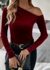 Kadın Uzun Kollu Tek Omuzu Açık Asimetrik Kesim Yaka Detaylı Kadife Bluz