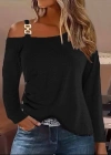 Kadın Uzun Kollu Tek Omuzu Açık Askılı Toka Ve Düğme Detaylı Yumuşak Bluz