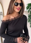 Kadın Uzun Kollu Tek Omuzu Açık Dantelli Burgu Bluz