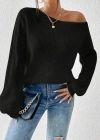 Kadın Uzun Kollu Tek Omuzu Açık Detaylı Triko Bluz