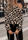 Kadın Uzun Kollu Tek Omuzu Açık Tokalı Leopar Desenli Modal Bluz
