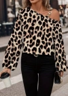Kadın Uzun Kollu Tek Omuzu Açık Tokalı Leopar Desenli Modal Bluz