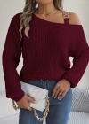 Kadın Uzun Kollu Tek Omuzu Açık Tokalı Triko Bluz