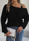 Kadın Uzun Kollu Tek Omuzu Açık Tokalı Triko Bluz