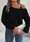 Kadın Uzun Kollu Tek Omuzu Açık Tokalı Triko Bluz