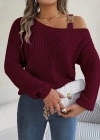 Kadın Uzun Kollu Tek Omuzu Açık Tokalı Triko Bluz