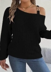 Kadın Uzun Kollu Tek Omuzu Açık Tokalı Triko Bluz