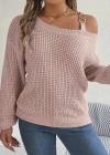 Kadın Uzun Kollu Tek Omuzu Açık Tokalı Triko Bluz