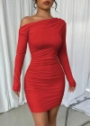 Kadın Uzun Kollu Tek Omuzu Açık Yanlardan Büzgülü Kısa Sandy Elbise