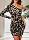 Kadın Uzun Kollu Tek Omuzu Açık Yanlardan Büzgülü Leopar Desenli Dalgıç Elbise
