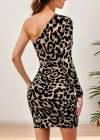 Kadın Uzun Kollu Tek Omuzu Açık Yanlardan Büzgülü Leopar Desenli Dalgıç Elbise