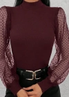Kadın Uzun Kollu Tül Detaylı Yarım Balıkçı Yaka Kaşkorse Bluz